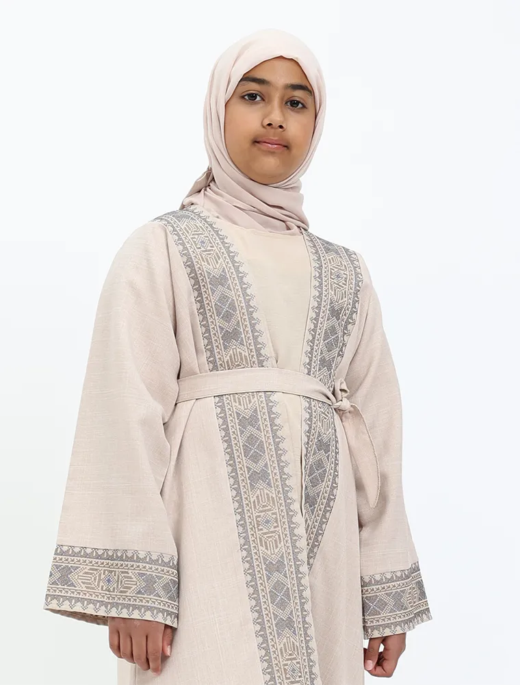 Beige 2 Piece Moroccan Embroidery Girl Abaya